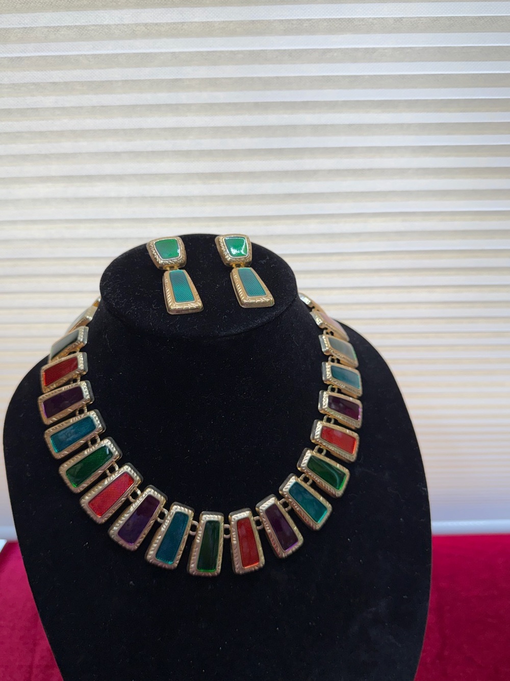 Vintage Gold-Tone Multicolor Enamel Link Necklace And Earrings Set - Picture 9 of 9